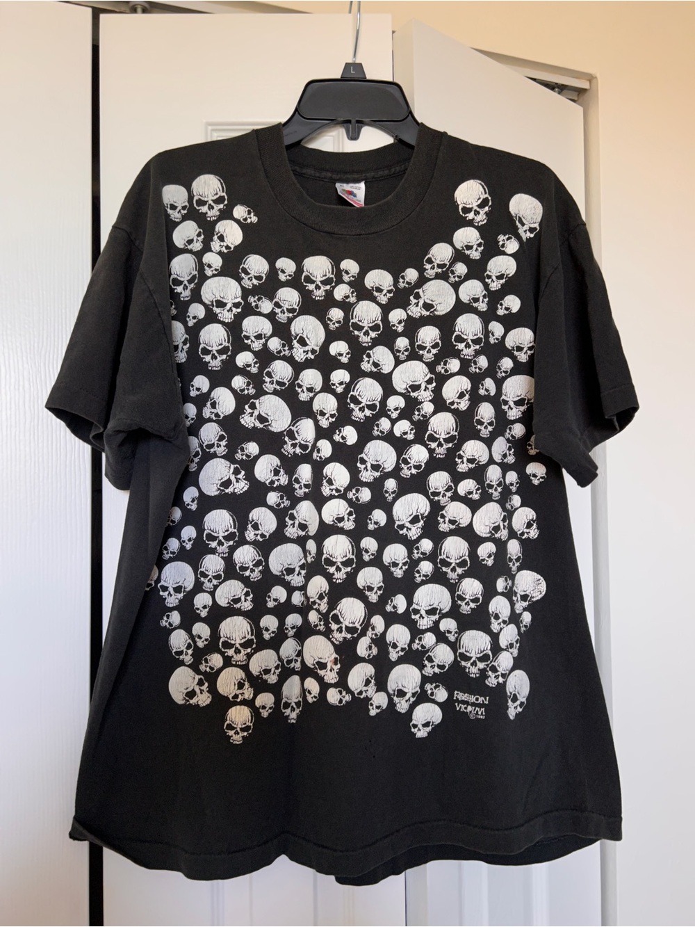 Vintage 1992 Fashion Victim Made in USA Black Tee with White Skull Print